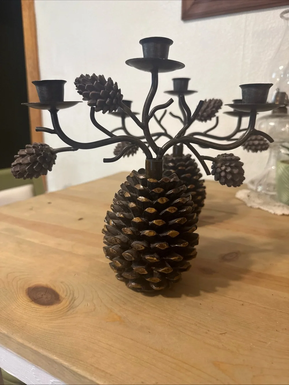 Vintage Rustic Wrought Iron Style Pinecone Candelabra Set Of 2